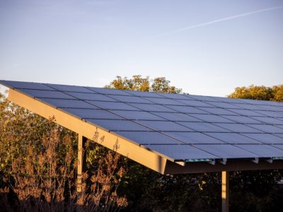 Solar panel canopy against a clear sky
